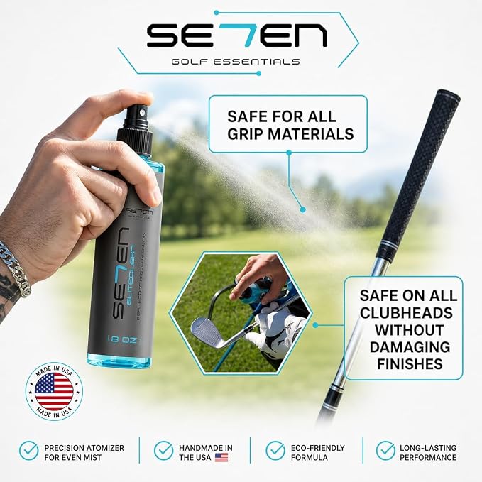 SE7EN EliteClean Golf Grip Cleaner Spray - Restores Tackiness & Control, Removes Sweat & Dirt, Golf Club Grip & Pickleball Paddle Cleaner, Safe for Sports Equipment, Includes Microfiber Towel (1 Pack)