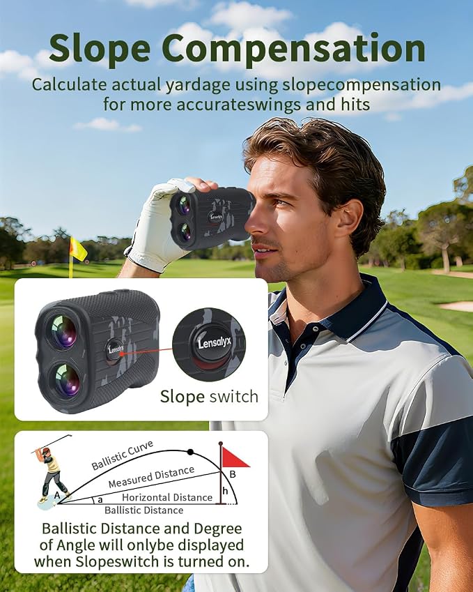 Lensaylx Golf rangefinder,1200 Yards Laser Golf Rangefinder with Slope,7X Magnification,Pin Flag Pole Lock,IPX4 Waterproof,Rechargeable Battery Magnetic Strip Laser Rangefinders for Golf and Hunting