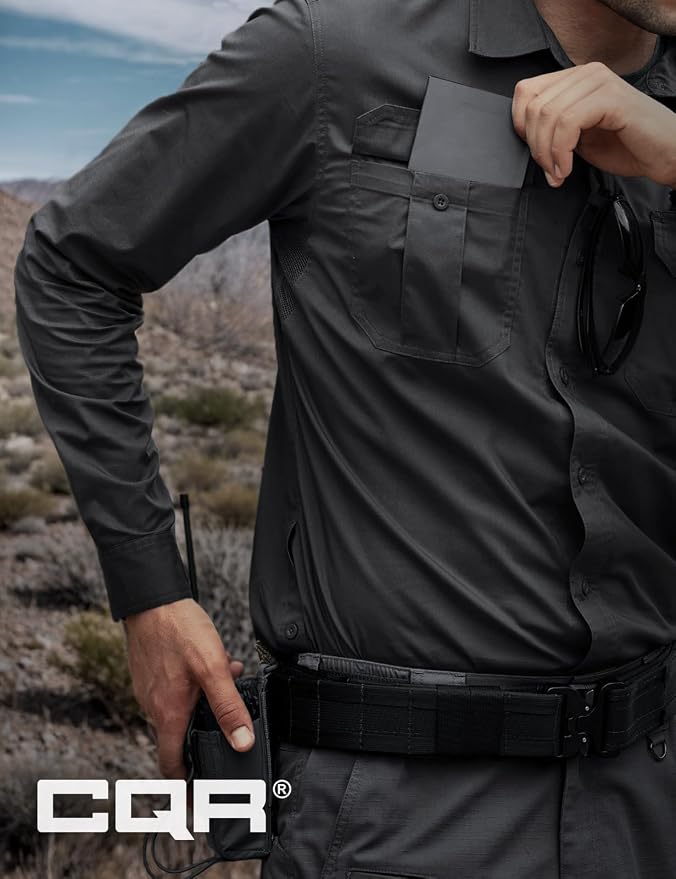 CQR Men's Long Sleeve Tactical Shirts, Ripstop Military Work Shirts, UPF 50+ Breathable Button Down Outdoor Hiking Shirt