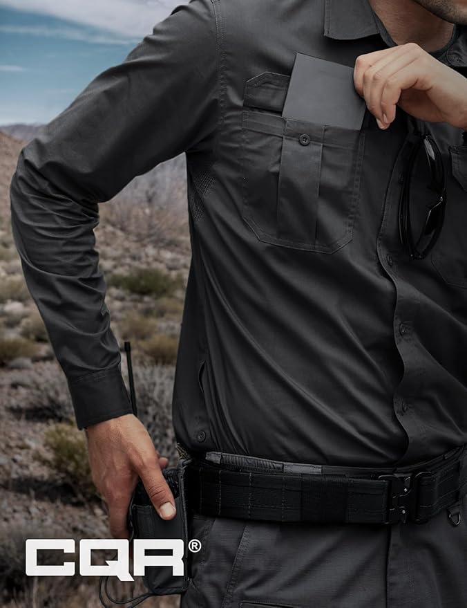 CQR Men's Long Sleeve Tactical Shirts, Ripstop Military Work Shirts, UPF 50+ Breathable Button Down Outdoor Hiking Shirt