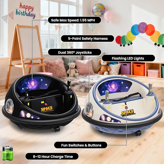 Electric Bumper Car with Remote Control, 360°Spinning Ride-on Vehicle, Rechargeable Indoor Outdoor Kid Car with LED Lights & Soft Bumper–Fun Gift (Black)