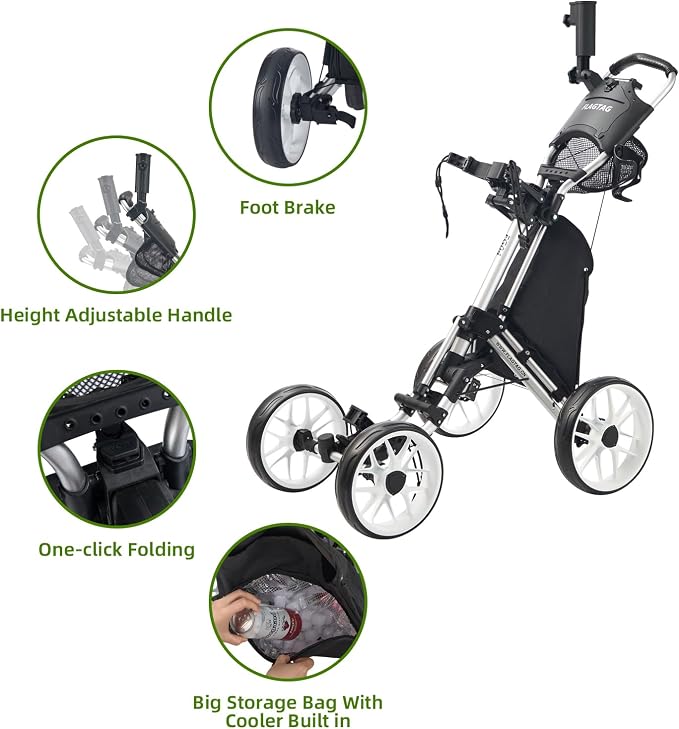 FLAGTAG Golf Push Cart 4-Wheels,Folding Golf Cart, Golf Pull cart with Cup Holder,Umbrella Holder,Cooler Bag, Foldable with one-Click,Handle Height Adjustable,Drink Holder,Walking Push cart