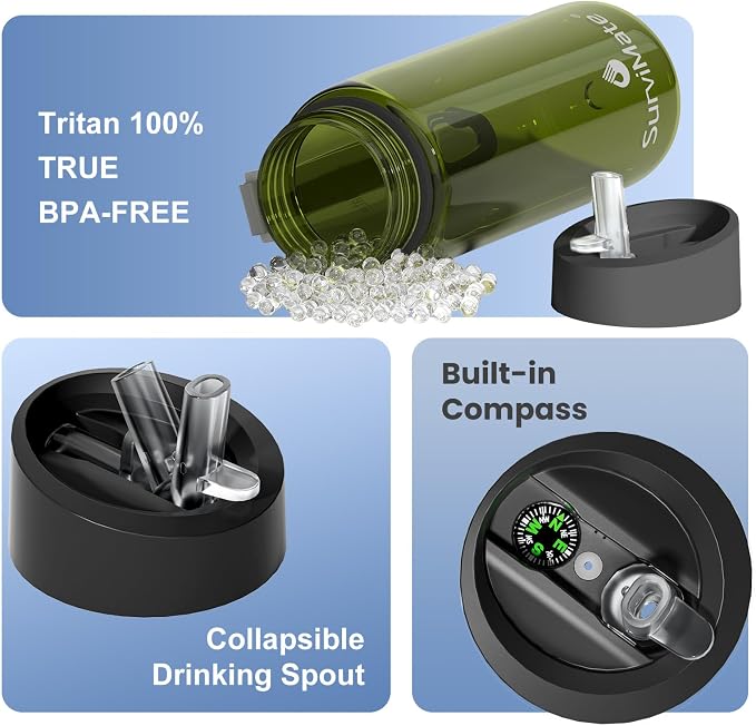 SurviMate Purified Water Bottle for Camping, Hiking, Backpacking and Travel, BPA Free with 5-Stage Intergrated Filter Straw