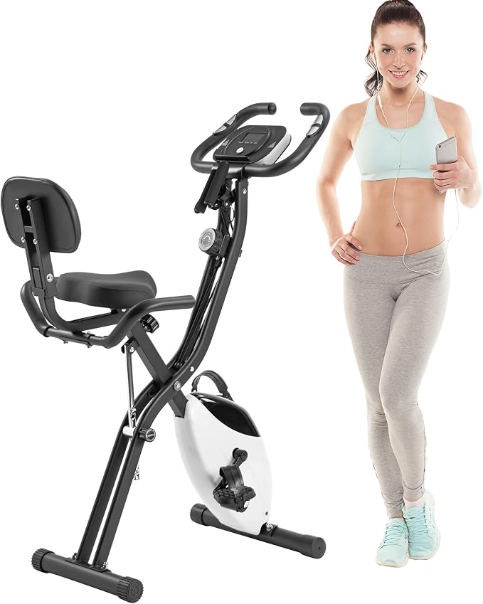 Merax Merax Exercise Bike Foldable, Upright and Recumbent Indoor Cycling Fitness Equipment with 10-Level Adjustable Resistance, Arm Bands and Backrest for Home Workout
