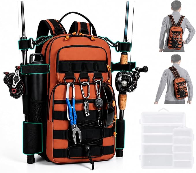 2 in 1 Compact Tactical Fishing Backpack with Tackle Boxes, Lightweight Waterproof Tackle Bag Fit 2 * 3600 Tackle Boxes, 2 Rod Holders Storage, Fishing Accessories Gift for Men Orange