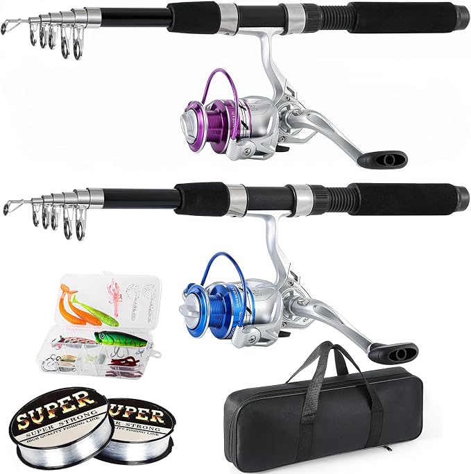 Tripquips 6.9ft Carbon Fiber Telescopic Spinning Fishing Rod and Reel Combo Set for Adults, Includes 4 Rods, 4 Reels, 4 Line Spool, 2 Carrier Bags, 2 Lure Boxes