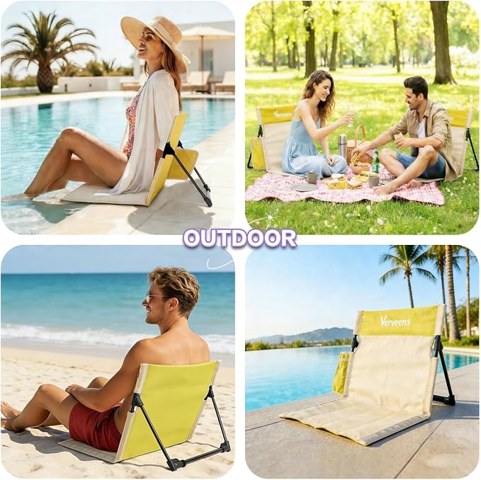 Extra Large Foldable Camping Chair with Cup Holder,Ultra-Light Portable Beach Chair with Carry Bag for Sunbathing Swimming Poolside Picnic Lawn Road Hiking Trips (Beige and Yellow)