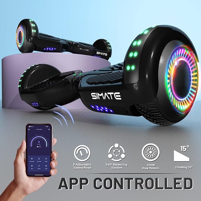 SIMATE Hoverboard, Bluetooth All Terrain Hover Boards with LED Lights and APP Control, Gifts for Kids Adults Girls Boys, for All Ages