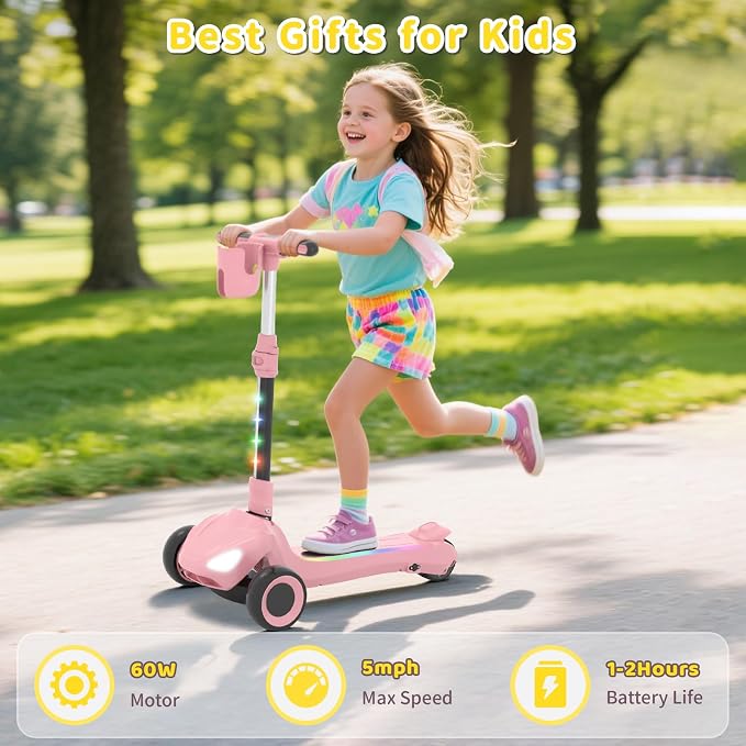 SIMATE Electric Scooter for Kids Ages 3+, 3 Wheel Balance Scooter, 3 Adjustable Heights, Foldable & LED Display & Thumb Throttle, Long Battery Life, Full Body Lights Up, Gift for Kids Boys Girls