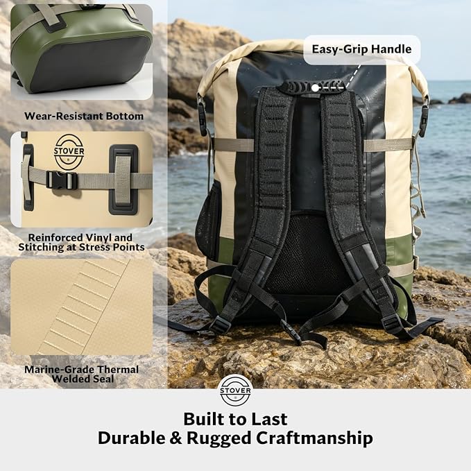 STOVER 55L Waterproof Dry Backpack & Phone Case - 2XL Floating Dry Bag for Kayaking, Travel, Hiking, Fishing, Camping, Motorcycles & Beach, Heavy-Duty Roll Top Men/Women (Tan/Army Green/Brown)