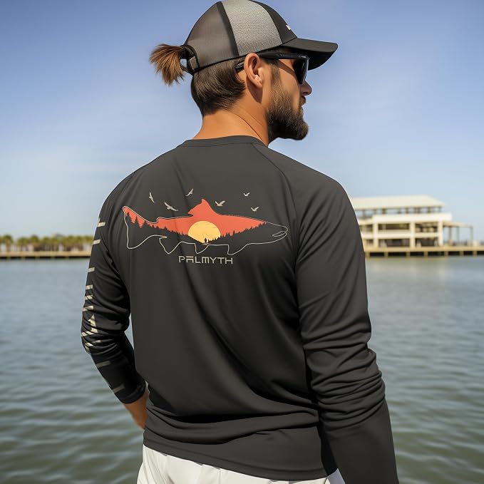 Palmyth Fishing Shirts for Men Long Sleeve UPF 50+ T Shirt Sun Protection | Quick Dry, Sun Protection, Myth-Cool Fabric, Fish Print, Moisture Wicking, Stretchy, Breathable, Fishing,Boating,Outdoor Wear