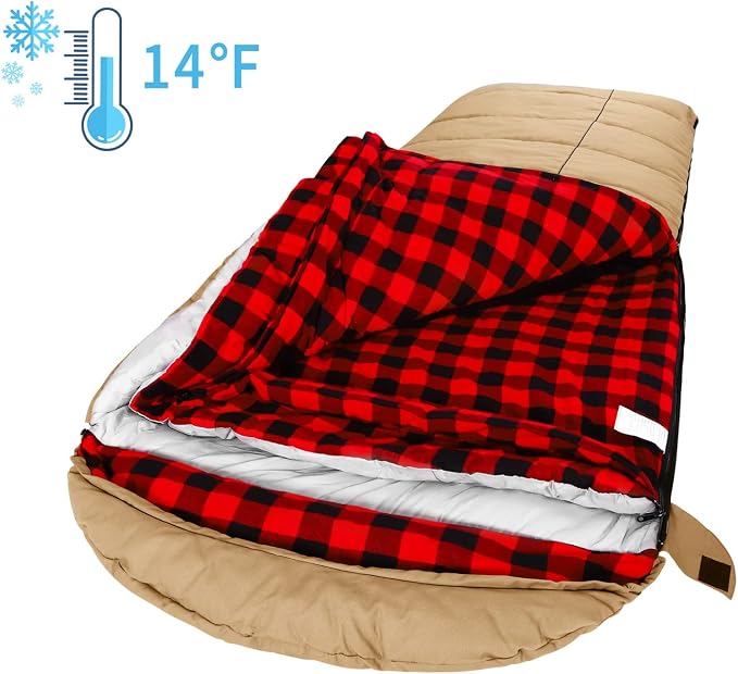0 Degree Canvas Sleeping Bag for Adults, Cotton Flannel Sleeping Bag for Winter Camping, Fishing, Hunting or Traveling, Durable Cotton Canvas Shell and Removable Flannel Liner