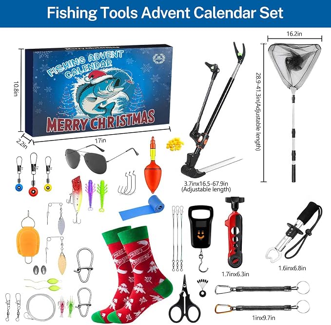 Fishing Advent Calendar 2025 for Men & Teen Boys – 24-Day Christmas Countdown Calendar with Fishing Tools, Lures & Accessories – Fish Lip Gripper, Xmas Gift for Son, Husband, Boyfriend, Brother, Girl