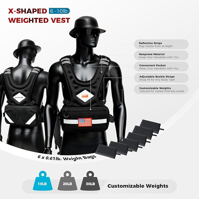 Weighted Vest Woman & Men, 6-10lb/8-20lb/8-30lb Adjustable weighted Vest With Pockets & Reflective Strips for Walking, Running, Hiking,Rucking, Workout, Strength Training