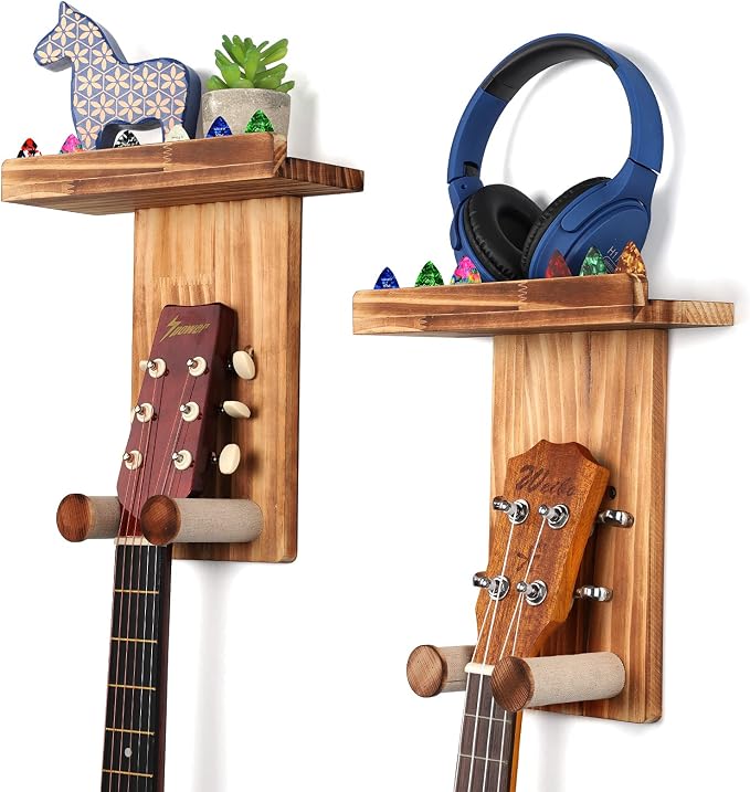 Keebofly Guitar Wall Hanger,2 Pack Guitar Wall Mount Holder Guitar Hanger Shelf with Pick Holder Solid Pine Wood Guitar Rack for Acoustic or Electric Guitar,Ukulele,Bass,Mandolin Brown，[Patented]
