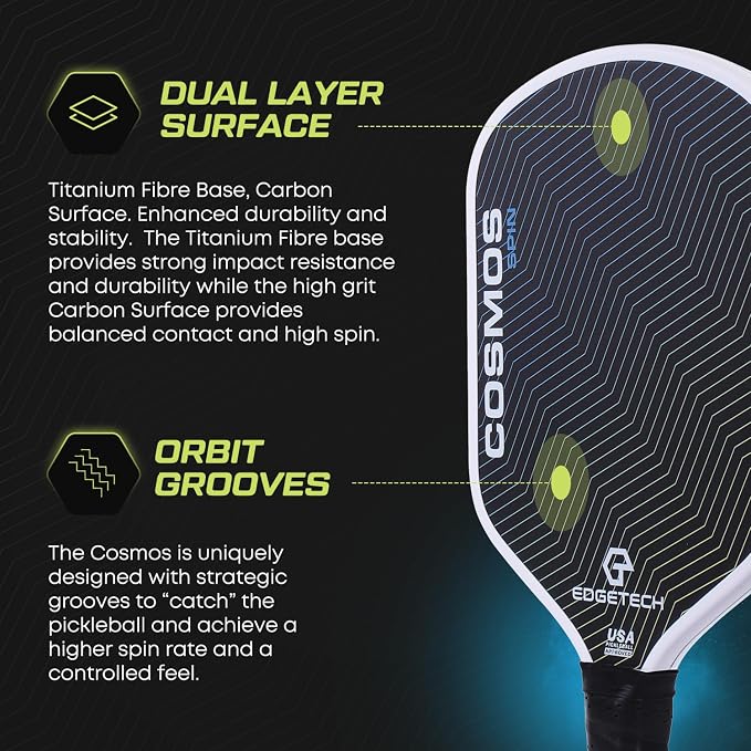Cosmos Spin | Edgetech Pickleball 16mm Paddle + Cover | Dual Layer Surface - Titanium Weave Base - T700 Raw Carbon Fiber Surface | Orbit Grooves for Spin | Space Propulsion Honeycomb PP Core