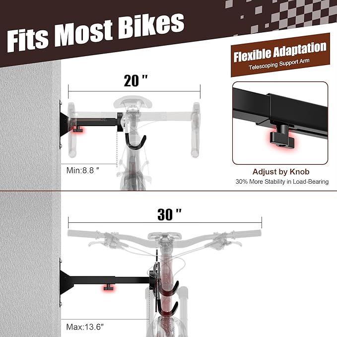 Bike Wall Mount Hanger, 2 Pack Heavy-Duty Durable Storage Garage Hook, Adjustable Indoor Bicycle Hanging Arms Bike Holder Rack, Hold up to 66lbs in Apaterment, Shed