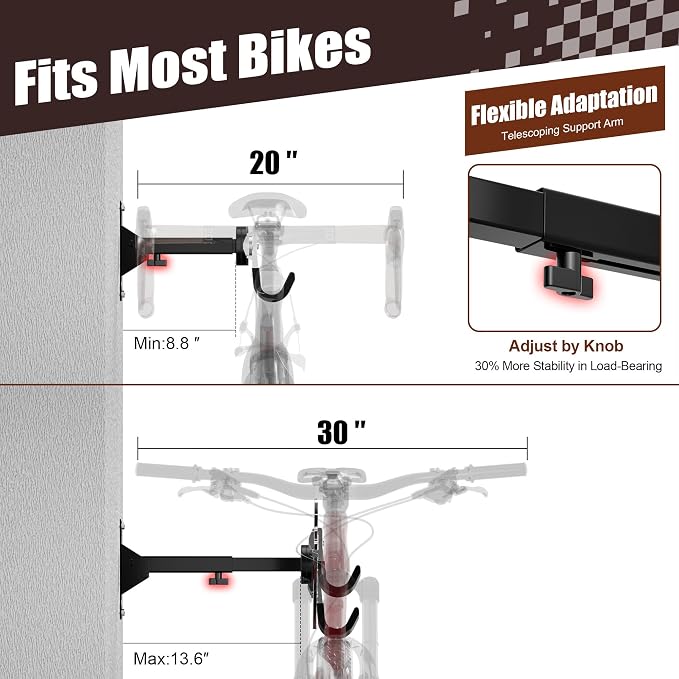 Bike Wall Mount Hanger for Garage, Heavy-Duty Durable Aluminum Alloy Horizontal Bicycle Storage Rack with Adjustable Hook, Hold up to 66lbs, for Road Mountain Hybrid Bikes in Garage