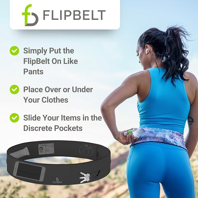 FlipBelt Classic Running Belt, Belt Bag & Fanny Pack for Men and Women - Phone Holder, Waist Pack, Running Accessories, Belt Pouch, Money Belt, USA Running Company