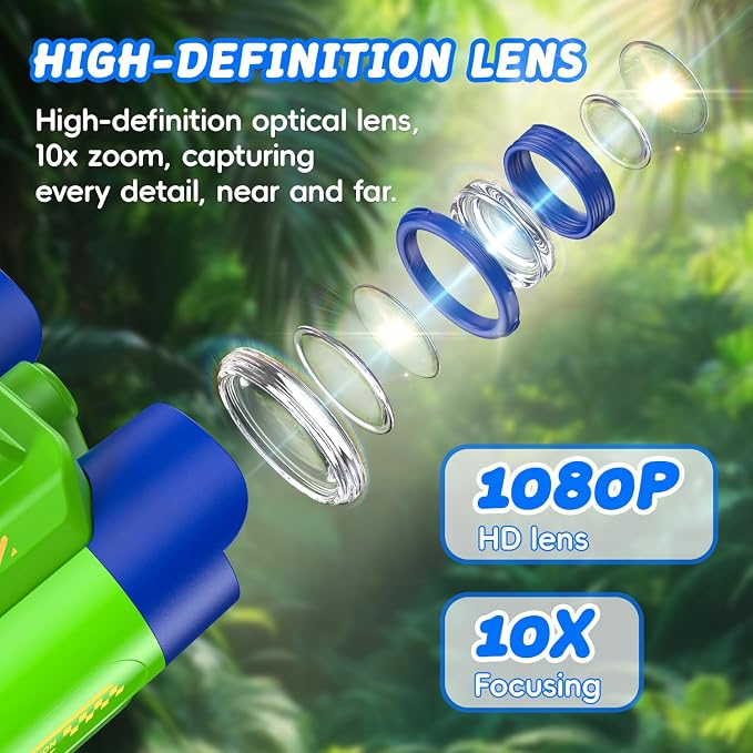 Binoculars for Kids with Night Vision, 2.4" HD Screen & 10X Zoom for Photo and Video - Outdoor Adventure Binoculars Bird Watching, Camping, Hiking, Gifts for Kids Ages 4+ (Green)