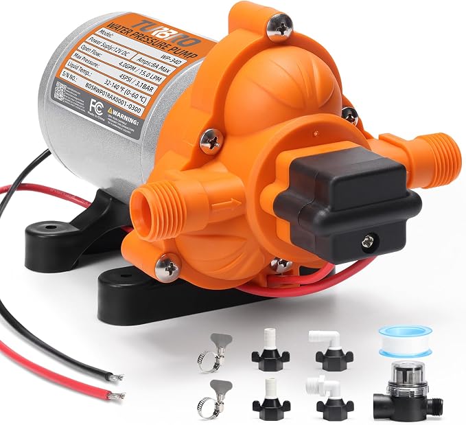 TURBRO 4.0 GPM 45 psi RV Water Pump, 12V DC Self-Priming Diaphragm Pump, Water Pressure Pump with Pressure Switch and Overheating Protection, for RV, Marine, Boat, Yacht, Camper, Garden, Irrigation