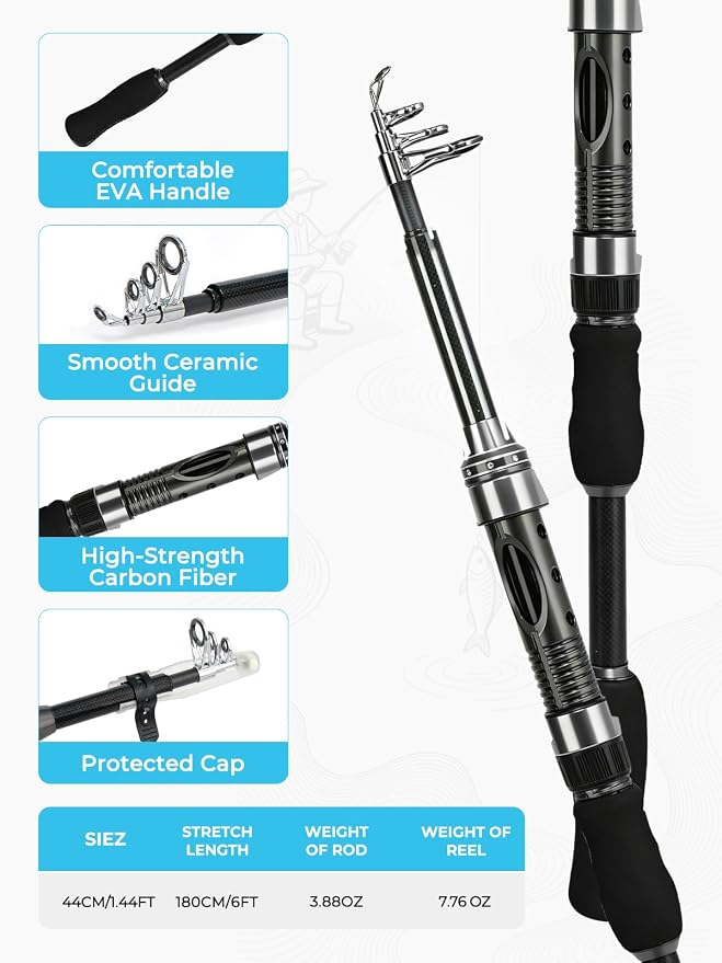 Jenseits 6Ft Spinning Fishing Rod Reel Combo, Freshwater Telescopic Kit | 5.2:1 Spinning Reel, Carbon Fiber Telescopic Rod, Includes Lures, Line & Carry Bag, Fish Gripper & Pliers for Beginner Angler