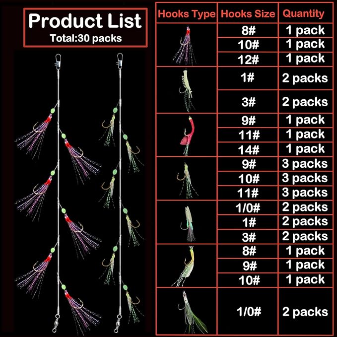 Sabiki Rigs,30 Packs Fishing Bait Rigs,Luminous Sabiki Rig with High Carbon Fishing Hooks,Glow Fishing Beads Fishing Rigs for Freshwater/Saltwater