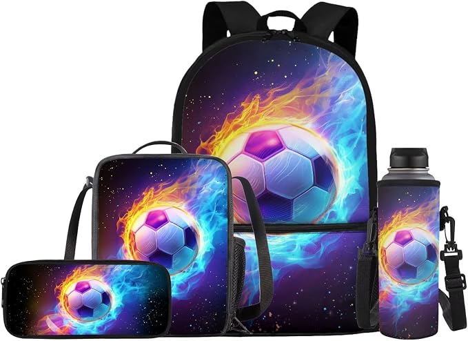 Soccer Backpack for Boys Girls School Bag with Lunch Bag Pencil Case Water Bottle Holder 4 Piece School Daypack Travel Bag Satchel Bagpack