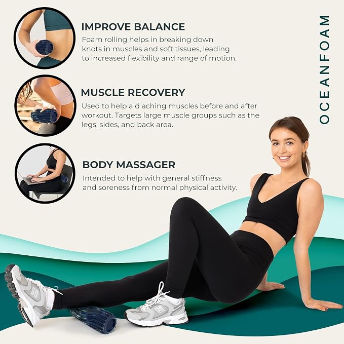 Oceanfoam Ripple Travel Foam Roller (11" x 3.35") Firm Mini Foam Roller for Physical Therapy, Deep Tissue Massage, Back Pain - High Density, Wave Textured - Yoga (Dark Navy, Hunter & Seafoam Marbled)
