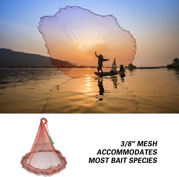Nylon Monofilament Cast Net, 4FT/6FT/7FT/8FT/9FT/10FT/12FT American Style Hand Throwing Fishing Net with Iron Chain Weights for Saltwater and Freshwater