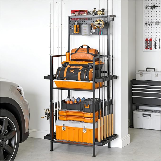YQSLYSF Fishing Rod Holders for Garage with Pegboard & Metal Mesh Basket, Fishing Rod Storage Rack, Vertical Fishing Pole Holder for Up to 12 -24 Poles, Tackle Gear Organizer