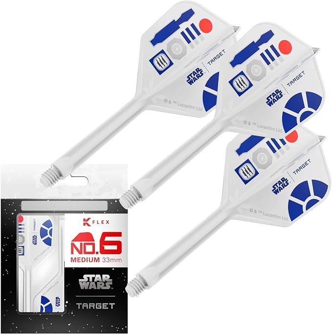 Target Darts Star Wars R2-D2 K Flex Integrated Dart Flights & Shafts | R2D2 Pack of 3 K-Flex, No.2 & No.6 | Short, Intermediate & Medium Disney Kflex Accessories