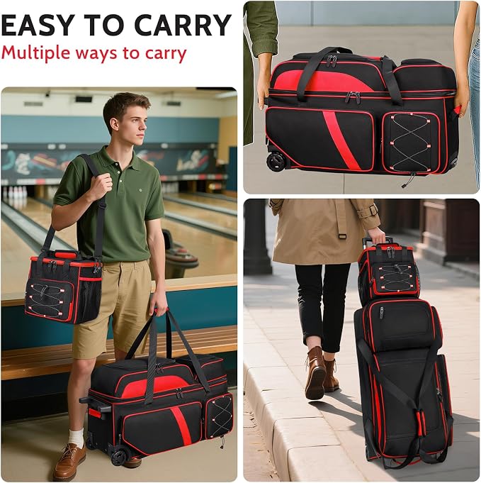 4 Ball Bowling Bag with Wheels, 3 Ball Bowling Bags Roller with 1 Ball Add On Bag, Multi-Pockets & Shoe Compartment (Fits Up to Size 16)