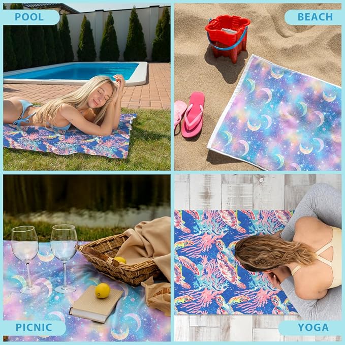 2 Pcs Microfiber Beach Towel Sand Free Quick Dry Oversized Celestial Moon and Stars Whimsical Dreamy Galaxy Pattern Pink Purple Blue Lightweight for Pool Travel 71 x 32 Inches