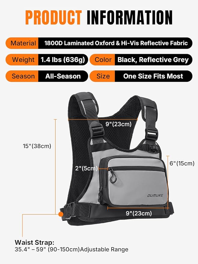OUMURS Reflective Motorcycle Chest Bag with Quick-Release Buckle for Men & Women, Water-Resistant 1800D Chest Pack, 2L Hydration Compatible, High Visibility for Riding, Cycling, Hiking