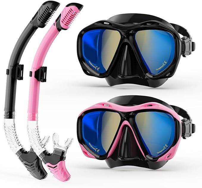 Snorkeling Gear for Adults, Snorkel Mask With Mirrored Tempered Glass Lens 180° Wide View Anti-Fog Scuba Diving Mask, Professional Snorkel Set for Swimming Diving, Gifts for Women Mom Men Dad