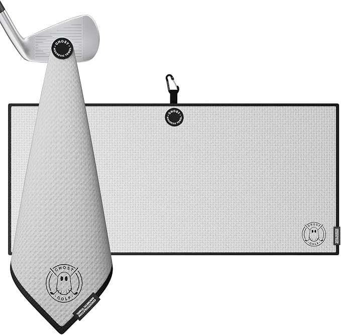 Ghost Golf Magnetic Towel (Caddie) - Premium Ultra-Absorbent Microfiber Golf Towel with Magnet for Golf Carts or Clubs - 18" x 40" Golfing Gear - Waffle Weave Pattern (White)