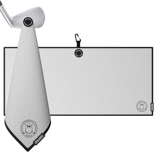 Ghost Golf Magnetic Towel (Caddie) - Premium Ultra-Absorbent Microfiber Golf Towel with Magnet for Golf Carts or Clubs - 18" x 40" Golfing Gear - Waffle Weave Pattern (White)