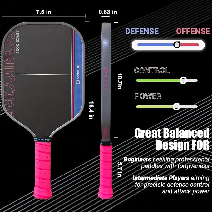 Pickleball Paddle Set, T700 Carbon Fiber, 16mm Core for Control & Spin, Includes 1 Paddle, Paddle Sleeve Cover, 2 Wristbands & 1 Grip Tape | Sonicore CourtVibe
