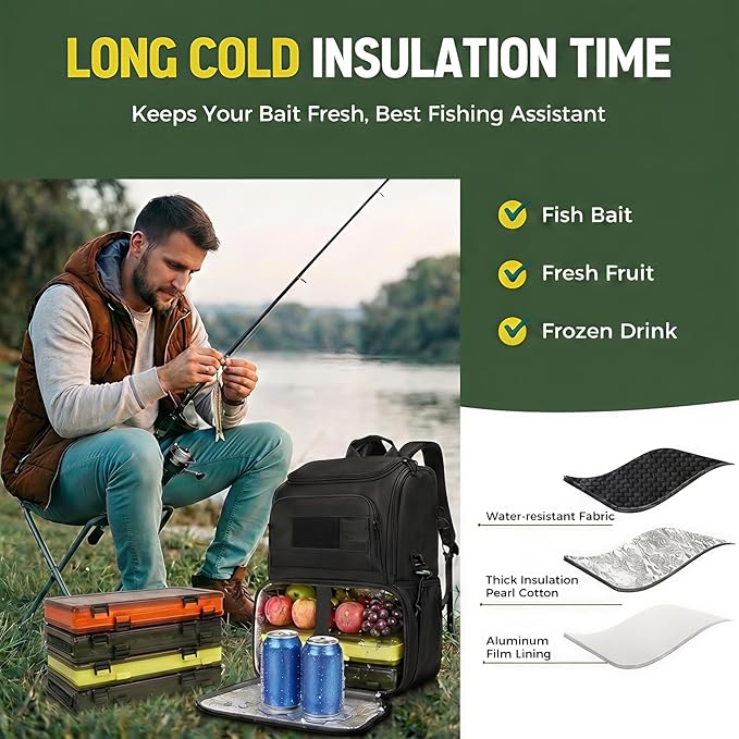 MATEIN Fishing Backpack Tackle Box, Water Resistant Tackle Backpack with Cooler & Rod Holders, Fishing Gifts for Men