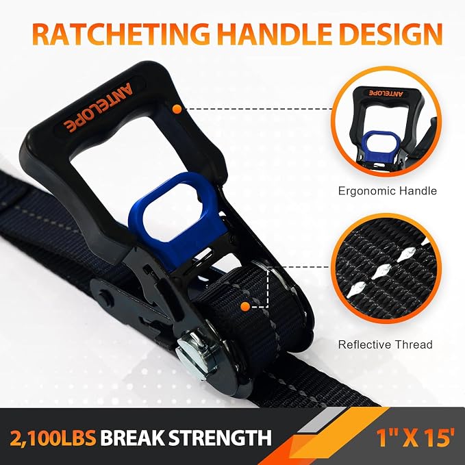 Ratchet Tie Down Straps Set, 2100 LBS Breaking Strength, 4 Pack 1" x 15' Heavy Duty Ratchet Straps, Cargo Strap, Motorcycle Straps for Trucks, Bicycle, Kayak, Moving, Tie Downs with S Hooks, Black