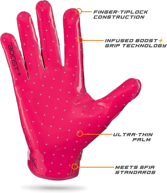 Grip Boost Football Gloves - Solid Stealth 6.0 Boost Plus Sticky Technology - Adult and Youth Football Gloves for Wide Receiver - Men's and Boys Sizes