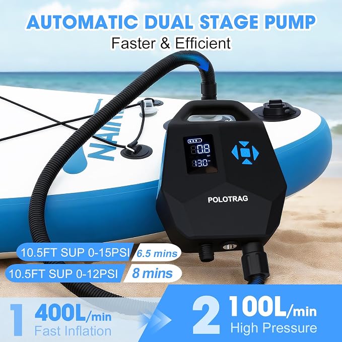 Polotrag Paddle Board Pump, SUP Pump Electric Portable with Auto-Off/Deflation, Dual Stage 12V DC Car Connector Air Pump for Inflatables, Kayak and Air Mattress