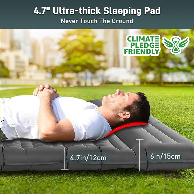 Elegear CumbreX™ Double Sleeping Pad for Camping, 4.7" Ultra-Thick Inflatable Camping Sleeping Pad 2 Person with Built-in Foot Pump, Portable Camping Sleeping Mat for Backpacking Hiking Tent,Gray Full