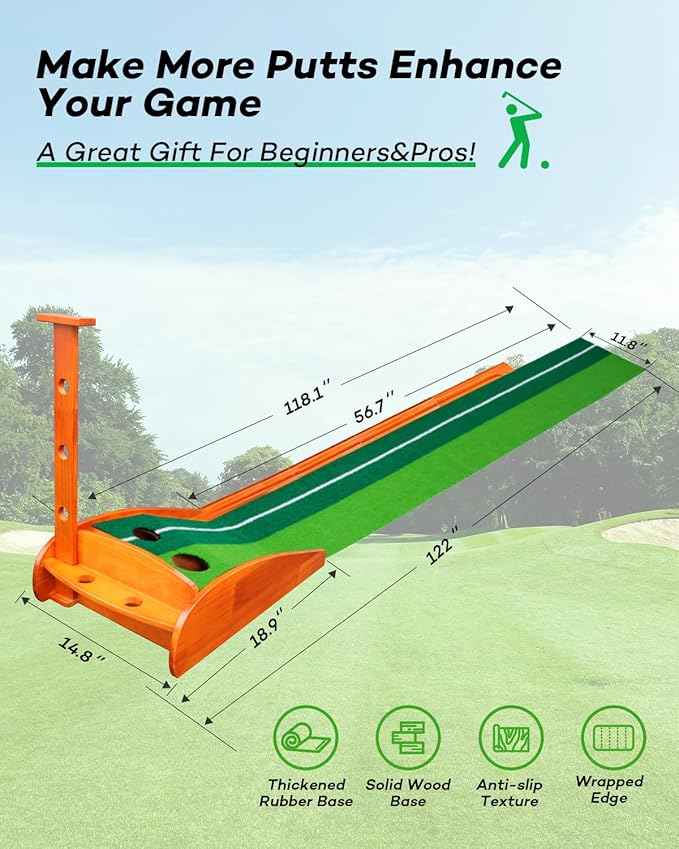 IDEASKY Golf Putting Mat, 9 Ft, Indoor | Auto Ball Return, Dual Holes, Alignment Guides, Gift for Men Daddy Golfer