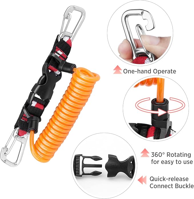 Scuba Retractable Lanyard, Stainless Steel Double-Clips and Spiral Core Anti-Lost Lanyard with Quick-Release Buckle
