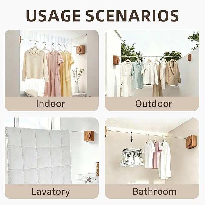 Anti-Sag Retractable Clothesline 40LB Capacity - 201in Stainless Steel Laundry Line for Indoor Outdoor, Wall Mounted Space Saving Easy Install (Wood Grain, Single line)