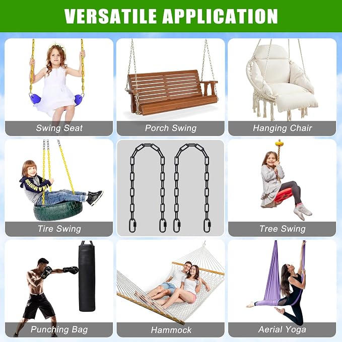 BeneLabel 2Pcs 100" (8.3ft) Swing Chain with Hooks 1000 LBs Capacity Black Coated Hanging Chains Porch Swing Chains for Hammock Chairs, Hanging Chair, Swingset, Heavy Bags