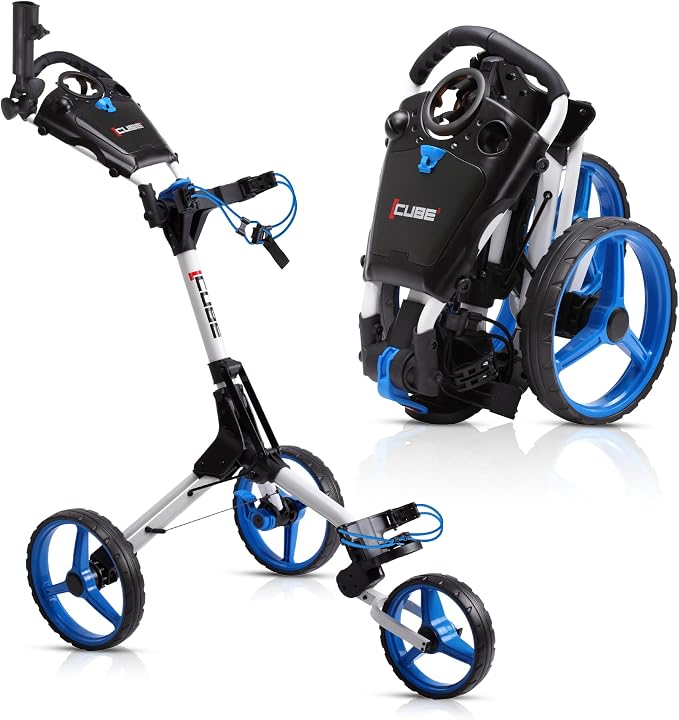 CUBE CART 3-Wheel Golf Push Cart – Ultra-Compact 14.5 lb Folding Golf Trolley, Two-Step Fold, Adjustable Handle, Foot Brake, Umbrella Holder & Built-in Storage