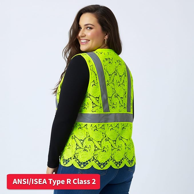 Lace-Mesh Safety Vest for Women & Men - Breathable, High Visibility Vest with Zipper & ANSI Class 2 Reflective Strips
